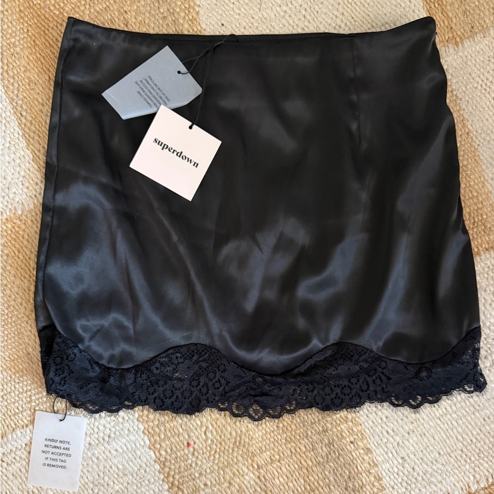 NWT, Superdown Petra Black Satin Lace Trim Mini Skirt